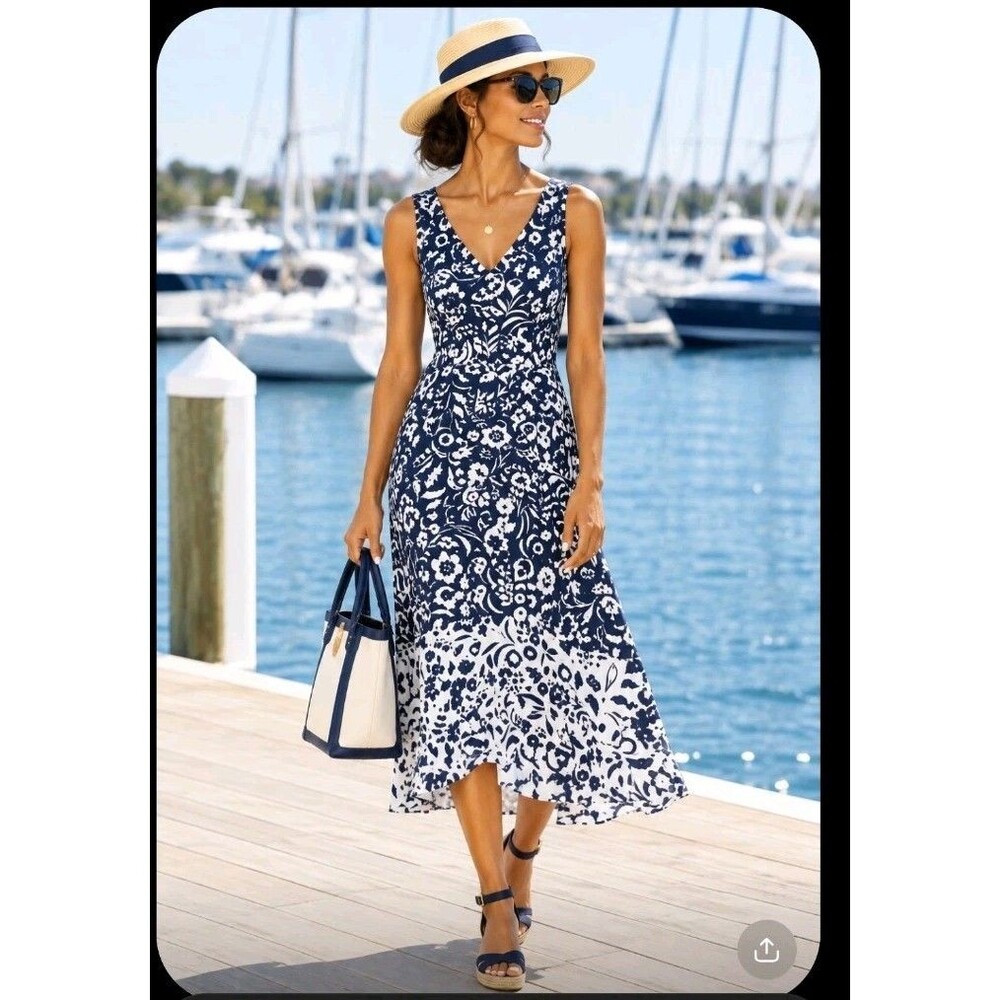 Boden Eliza Jersey Dress Womens Size 14R Navy Preppy Floral Sleeveless Nautical